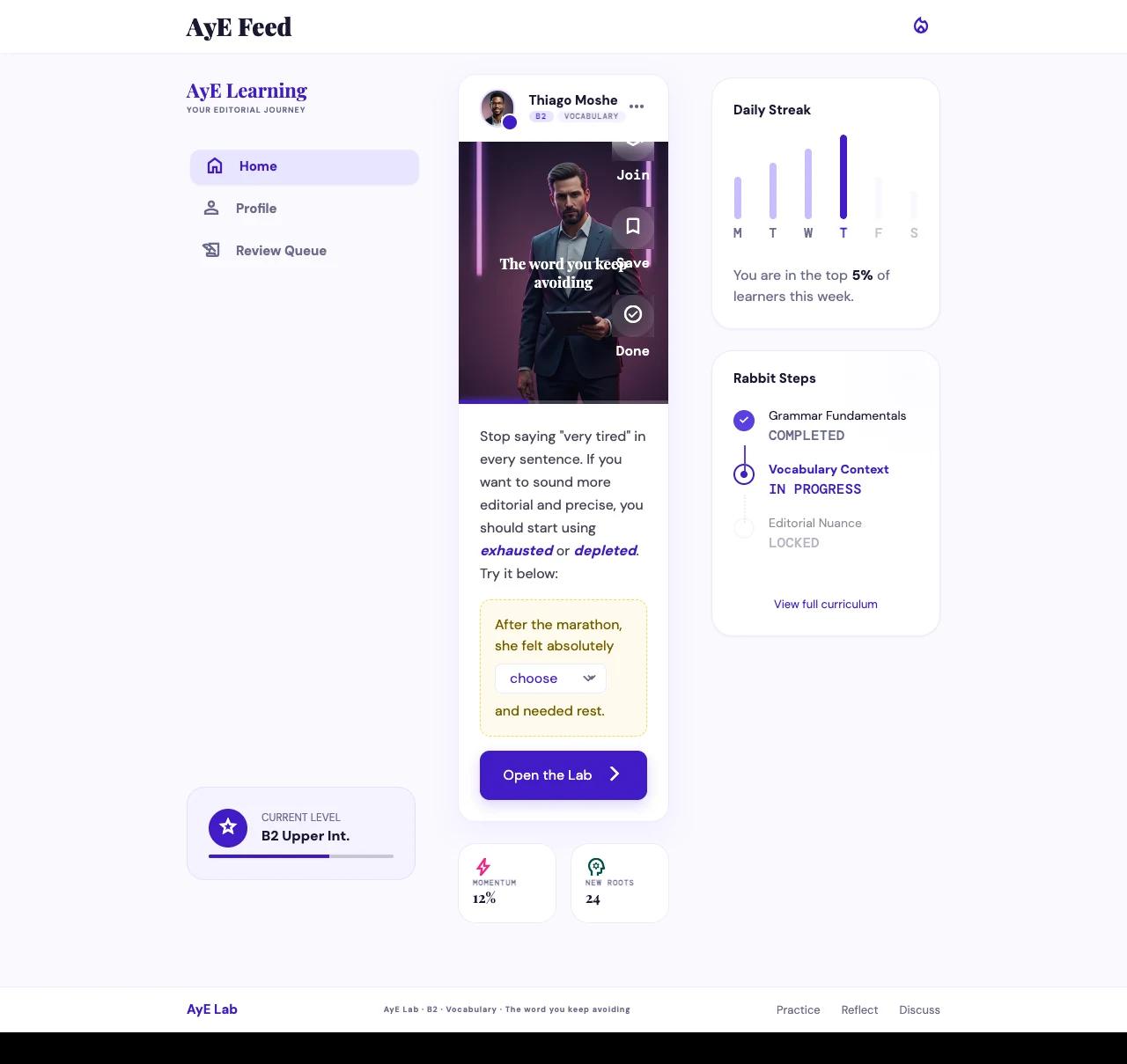 Feed principal da plataforma AyE Lab